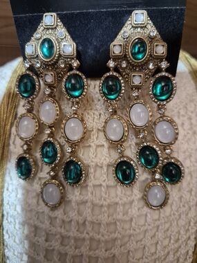 Gold-tone Green and White Drop Chandelier Earrings